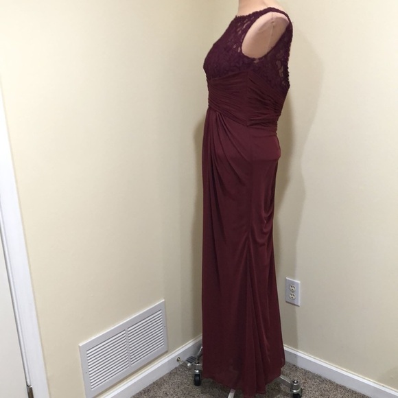 David’s Bridal Maxi Dress Size 0 Burgundy Floral Lace Pleated Ruched Column Gown - Picture 4 of 10